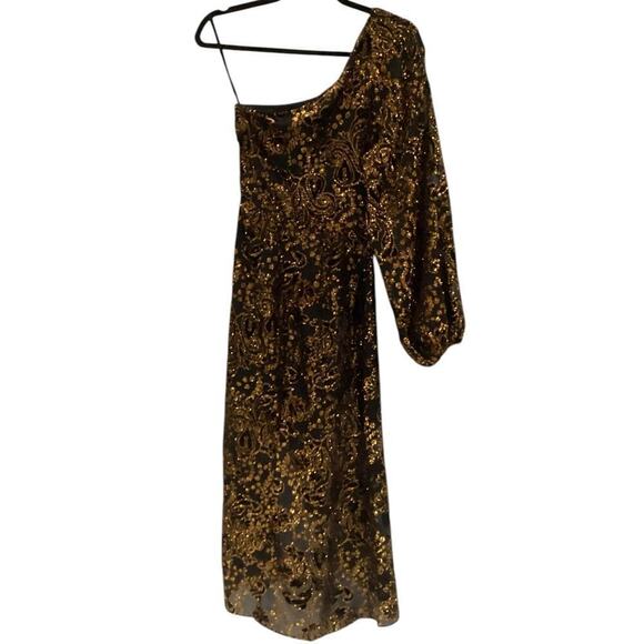 Hemant & Nandita Inara Flocked Lurex Chiffon Midi Dress In Gold Size XS - Picture 8 of 14